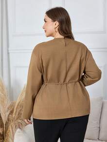 Lacomfia Áo thun tay dài cổ tròn thắt eo màu kaki, viền bất đối xứng, thường ngày đi làm - màu nâu - Xem 2