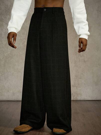 PAVTROS Pantalones anchos a cuadros versátiles y de moda para hombres, pantalones de pierna ancha, pantalones de traje con pliegues para hombres, pantalones de iglesia para hombres, pantalones de cintura alta para hombres, pantalones anchos y holgados para hombres, ropa de invierno para hombres, regalo perfecto para el novio, muy de moda para el streetwear, el campus y Halloween