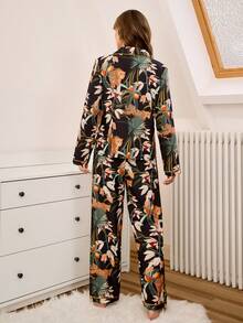 女士豹纹花卉印花翻领长袖睡衣套装 秋冬服装 - 彩色 - 查看 2