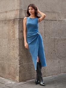 Selenza 女士时尚通勤裹身无袖牛仔连衣裙 - 藍色 - 查看 8