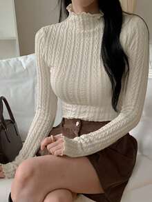 DAZY 1 件女式纯色纹理高领修身 T 恤，秋季新款长袖女式上衣，秋季女装