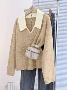 Franclia V-Neck 2 In 1 Long Sleeve Sweater, Autumn/Winter - Camel - View 7