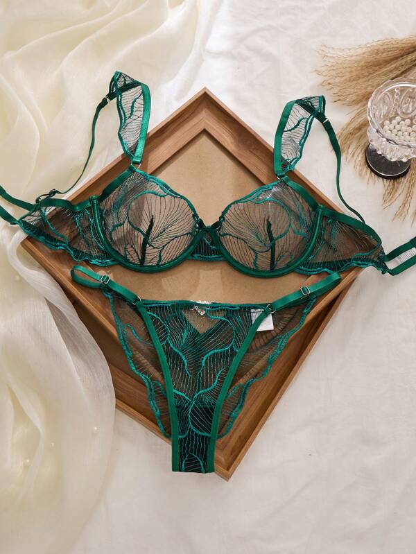 SHEIN 2 Stücke Damen Schwarzer transparenter bestickter BH-Set, drahtloser nicht gepolsterter Wäsche-Set