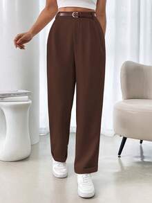 RosyDaze Quần âu nữ kiểu Pháp màu trơn, xếp ly, túi, đa năng - Cà phê nâu - Xem 5