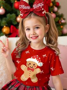 SHEIN 小女孩圣诞快乐，红色圣诞庆典，可爱姜饼人，圣诞帽，迷你蝴蝶结印花，休闲简约圆领短袖T恤，适合圣诞派对、红色新年、居家、拍照、假日、圣诞氛围、圣诞礼物、轻松舒适、时尚宝贝、休闲装、圣诞图案、新年、新风格、返校节、时尚圣诞 - 彩色 - 查看 1