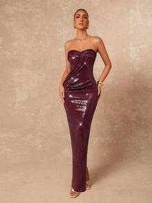 Lumalex Fall Winter Sequin Embellished Strapless Ruched Bodycon Slit Dress For Women ANCORA Red Burgundy Bridesmaid Dress Maroon Dress Off Shoulder Formal Dress Eleganza Dress Mauve Formal Dress Glamour Elegant Dress Fall New Style Women Luxury Prom Gathering Party Banquet Modest Old Money Coquette Glitter Holiday Party Rave Festival Outing Vacation Hot Outdoor Richly Layered Wedding Season Banquet ID Al-Adha Al-Adha Party New Year Looks Of Party Pearlescent Decor - Burgundy - View 7