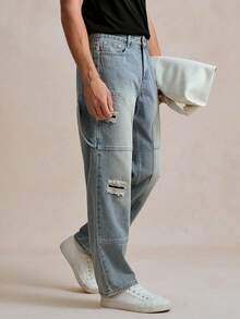 Manfinity CityGents Men's Simple Ripped Pocket Jeans, Casual Daily Wear Going Out Hang Out Commute Work Street - Light Wash - View 5