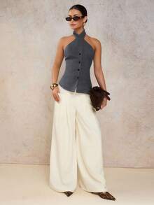 COSMINA 女士优雅交叉露背吊带背心，适合度假、春夏季 - 灰色 - 查看 4