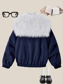 SHEIN 少女外套，藏蓝色长袖，正面刺绣，可拆卸人造毛领，美式学院风，时尚休闲百搭，适合秋冬季外出和居家穿着，可搭配牛仔裤、运动裤、连帽衫。 - 藏蓝色 - 查看 2