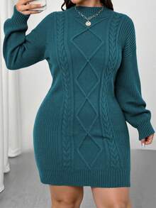 Elenzga Rochie pulover tricotată cu mânecă lungă, model plus size, cu guler rotund, cu umeri căzuți, culoare solidă - Verde albastrui - Vizualizare 5