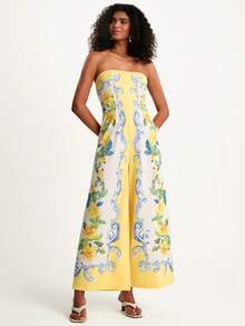 CAJUNI 女式花卉印花抹胸连体裤，时尚阔腿 - 彩色 - 查看 3