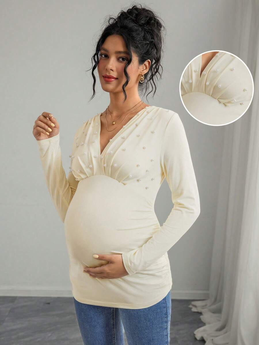 Momance Camiseta de manga larga ajustada con cuello en V y decoración de perlas para maternidad, primavera/otoño