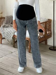 SHEIN Maternity Casual Washed Color Block High Waist Tapered Jeans - Medium Wash - View 5