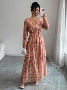 Rafferiza Elegant långklänning med V-ringning och blommönster för kvinnor (asymmetriskt tryck) - Multifärgad - Visa 5