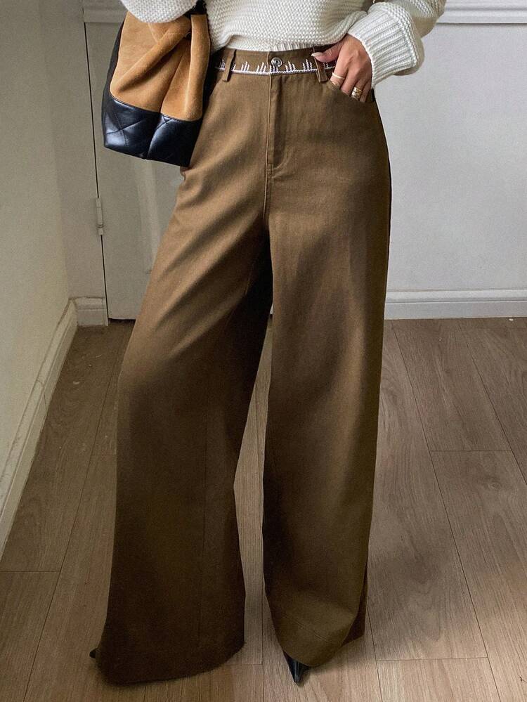 Vintage Embroidered Floral Trim Wide Leg Pants With Pockets, Casual Street Style For Women, Autumn/Winter
