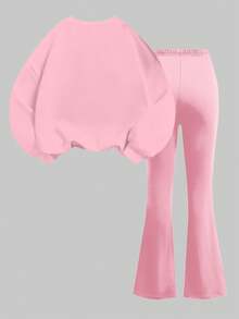 SHEIN 2 件套年轻女孩圣诞可爱蝴蝶结印花休闲宽松圆领长袖运动衫和喇叭裤套装，适合秋冬季 - 彩色 - 查看 3