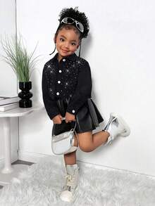 SHEIN Young Girl' Rhinestone Embellished Gray Denim Lapel Long Sleeve Cropped Loose Jacket - Black - View 5