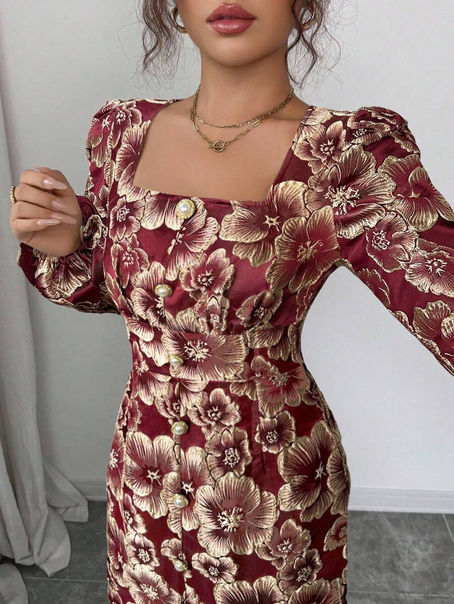 Lyxana Đầm midi cổ vuông tay dài thắt eo chất liệu jacquard kim loại thanh lịch cổ điển có nút ngọc trai, thiết kế xẻ tà, phong cách Pháp sang trọng - Màu Đỏ Sâu - Xem 1