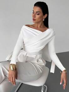 Firerie Women's Elegant Minimalist Chic Fashion Asymmetric Ruffle Collar Long Sleeve Cropped White Bodysuit, Suitable For Daily Commute Fall Winter Clothes For Women New Year Christmas Elegant Women's Blouses Casual Bodysuit For Women - White - View 9