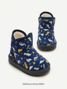 Cozy Pixies 1 Pair Baby Winter Fashion Classic Blue Cartoon Dinosaur Warm Thermal Lined Outdoor Snow Boots - Navy Blue - View 4