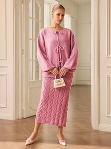 Aveloria Rosie 两件套可爱蝴蝶结腰部修身针织毛衣套装 - 粉色 - 查看 4