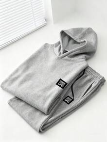 Chillumni 两件套：经典灰色“永不言败，继续探索人生”标语印花保暖连帽衫和宽松运动裤，男士休闲运动套装两件套，秋冬服装