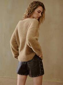 MOTF STUDIO GLITTER BLENDED WARM OVERSIZED ASYMMETRICAL SHOULDER SWEATER - Khaki - View 3
