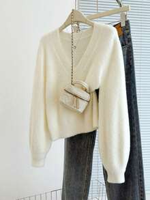 Franclia Suéter de punto casual y versátil con cuello en V y mangas farol para mujer - Beis - Ver 1