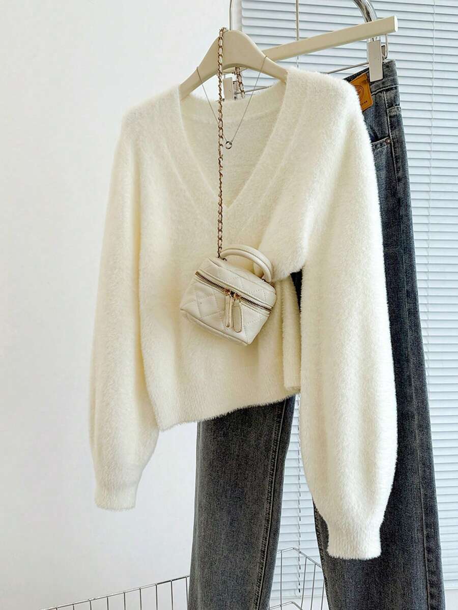 Franclia Suéter de punto casual y versátil con cuello en V y mangas farol para mujer - Beis - Ver 1