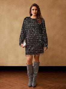 MOTF PREMIUM CHRISTMAS PLUS CHIC PARTY FRINGE & SEQUIN LONG SLEEVE MINI DRESS, AUTUMN/WINTER - Black - View 5