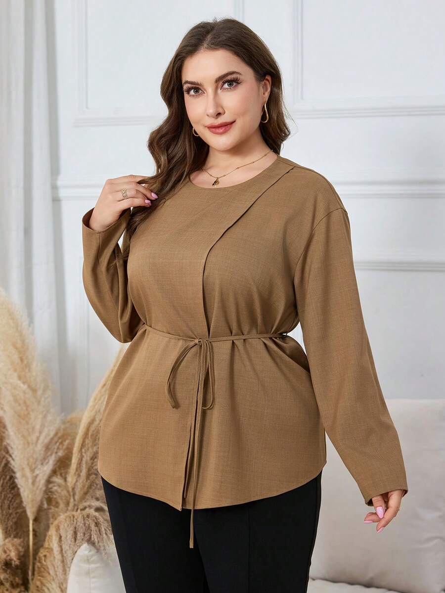 Lacomfia Áo thun tay dài cổ tròn thắt eo màu kaki, viền bất đối xứng, thường ngày đi làm - màu nâu - Xem 1