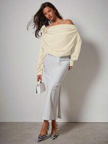 COSMINA 女式纯色 3D 花卉装饰荷叶边优雅衬衫，露肩上衣，秋季女装 - 卡其色 - 查看 3