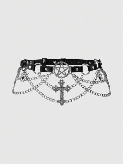 Goth 1pc Women's Black Hollow Star & Circle Decor Chain Belt, Punk Style Decoration For Daily Dress