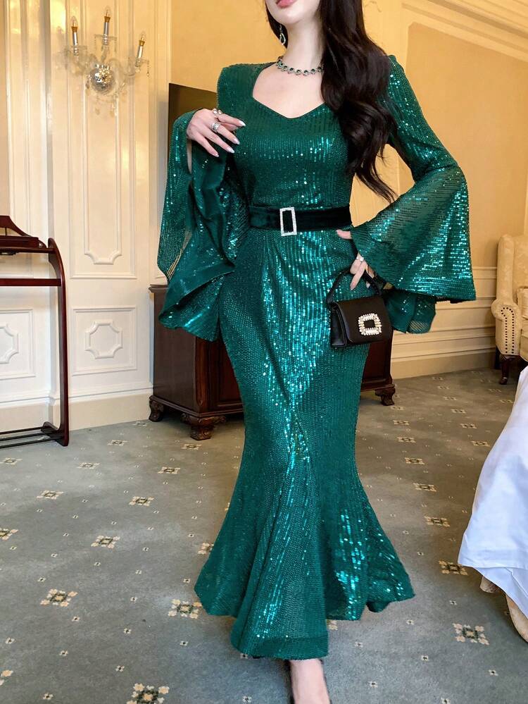 Women's Elegant Party Solid Color Sequin Flare Sleeve Fishtail Dress Prom Dress,New Year,Christmas Carnival Sparkly Dress Maxi Dress