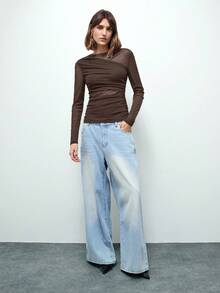 Maija Áo thun nữ dáng ôm nhún bèo bất đối xứng, thích hợp đi làm trong thành phố, trang phục công sở, trang phục công sở, giáo viên, khách dự tiệc cưới, áo cơ bản thanh lịch, trang phục Giáng sinh - màu nâu - Xem 2