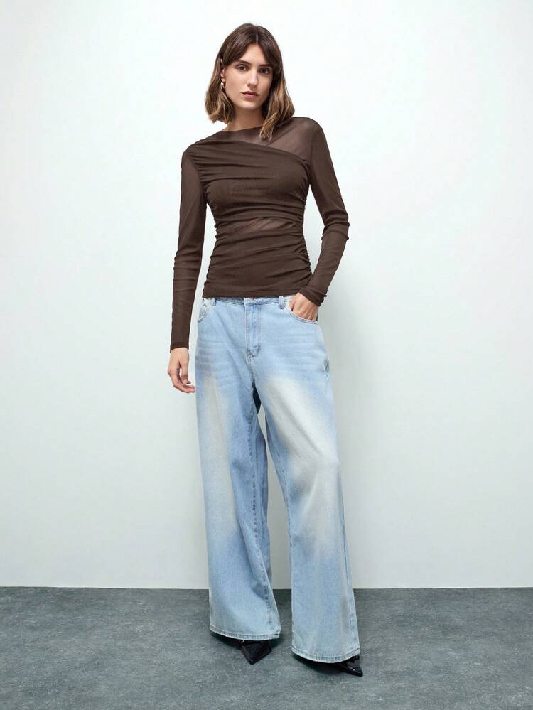 SHEIN Maija Women's Casual Asymmetric Ruched Fitted T-Shirt, Suitable For Urban Commute, Business Casual, Office Attire, Teacher, Wedding Guest, Elegant Basic Top