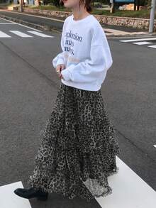 FRIFUL Falda casual y versátil de mujer con cintura elástica, estampado de leopardo marrón, pliegues y volantes, para otoño/invierno - Café integral - Ver 2