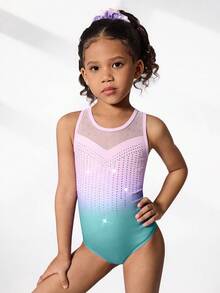 Set de 2 piezas de leotardo y shorts para gimnasia de niñas jóvenes, con diseño impreso lindo y decoración de rhinestones, adecuado para uso casual, deportivo y de competición - Multicolor - Ver 3