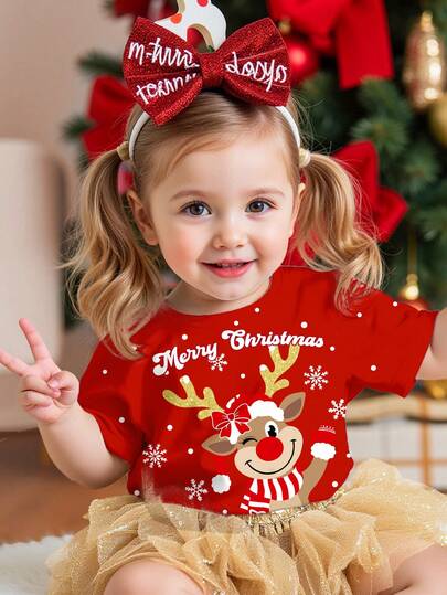 SHEIN Red Christmas Celebration, Merry Christmas, Cute Snowflake, Bow Reindeer Pattern Print, Red Boucle Rudolph, Baby Girl Casual Minimalist Round Neck Short Sleeve T-Shirt Suitable For Christmas Party, Red New Year Outfit, Home, Photo Shoot, Holiday, Christmas Vibes, Christmas Gifts, Easy Comfort, Stylish Baby, Casual Wear, Kids Christmas Graphic Clothes, New Year Clothes, New Style, Homecoming, Fashion Christmas