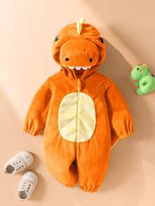 SHEIN 新生儿可爱趣味水晶毛绒3D恐龙造型连体衣，长袖和长裤 - 橘色 - 查看 2