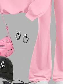 SHEIN 2 件套年轻女孩圣诞可爱蝴蝶结印花休闲宽松圆领长袖运动衫和喇叭裤套装，适合秋冬季 - 彩色 - 查看 6