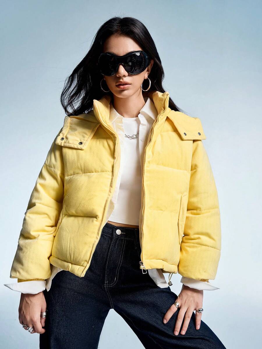 Aveloria GENKIRA 全新时尚简约设计纯色休闲女式连帽棉服外套 - 黃色 - 查看 1