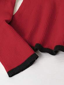 Franclia Pull tricoté à manches longues, col carré élégant, ajusté et extensible. Avec bordure contrastée. Convient pour la rentrée, le port décontracté, ourlet à volants. Automne/Hiver