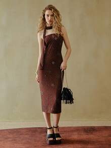 MOTF STUDIO 优雅串珠花卉刺绣不对称下摆波西米亚风中长连衣裙，百搭 - 咖啡棕 - 查看 5