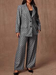 Rustia 大码波点翻领长袖优雅复古休闲西装外套 + 直筒裤 2 件套，适合工作和度假，秋冬 - 灰色 - 查看 1