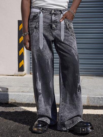 Street Life Men's Casual Punk Washed Dual Waistband Jeans