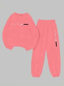VaVaBold Conjunto de sudadera y pantalones de felpa cómodo y versátil con estampado digital minimalista de París para mujer - Rosa coral - Ver 3