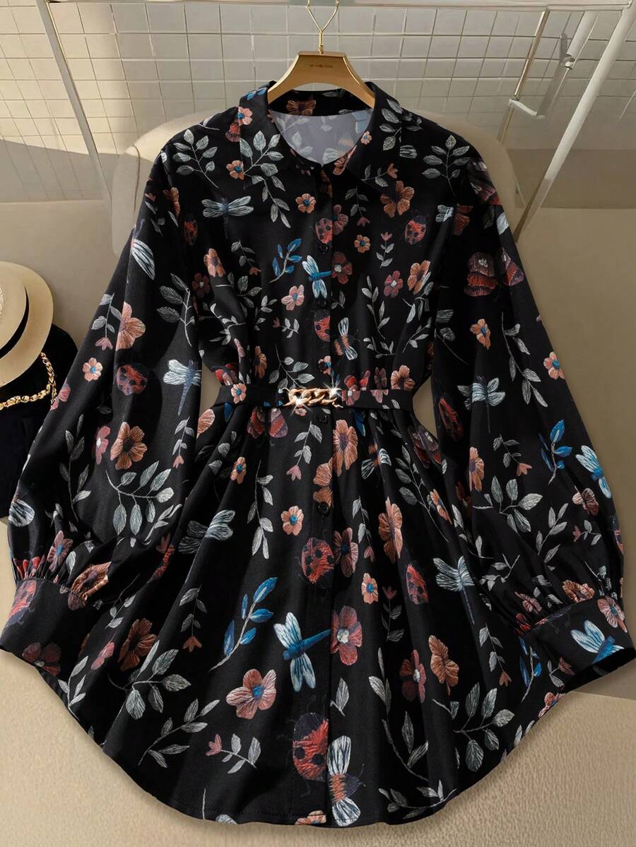 SHEIN Clasi 女士金属装饰长灯笼袖衬衫,优雅时尚 - 彩色 - 查看 1