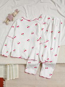 2件套女童简约毛绒抽绳樱桃印花长裤和长袖家居服套装 - 白色 - 查看 2