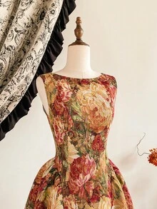 Vintamour Robe élégante vintage pour femme, texture jacquard avec peinture à l'huile florale. Robe longue pour fête de vacances, vêtements d'hiver pour femmes. Robe d'hiver, vêtements de Noël pour femmes. Tenue de Noël pour femmes, vêtements de Noël pour femmes, robe de Noël, robe de fête de Noël, vêtements du Nouvel An, tenue du Nouvel An, robe de fête, robes élégantes pour fête, robes élégantes pour femmes, robe élégante pour femme, tenue de Thanksgiving pour femmes
